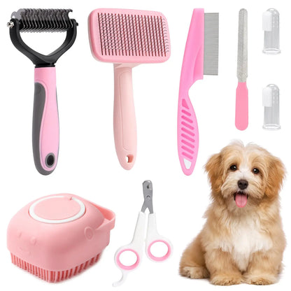 Complete 8-piece dog grooming set with essential tools for pet care.